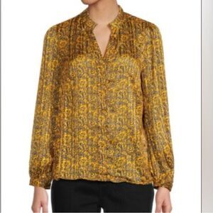 Melloday Floral Metallic Gold Blue Pleated Balloon Sleeve Button Down Blouse